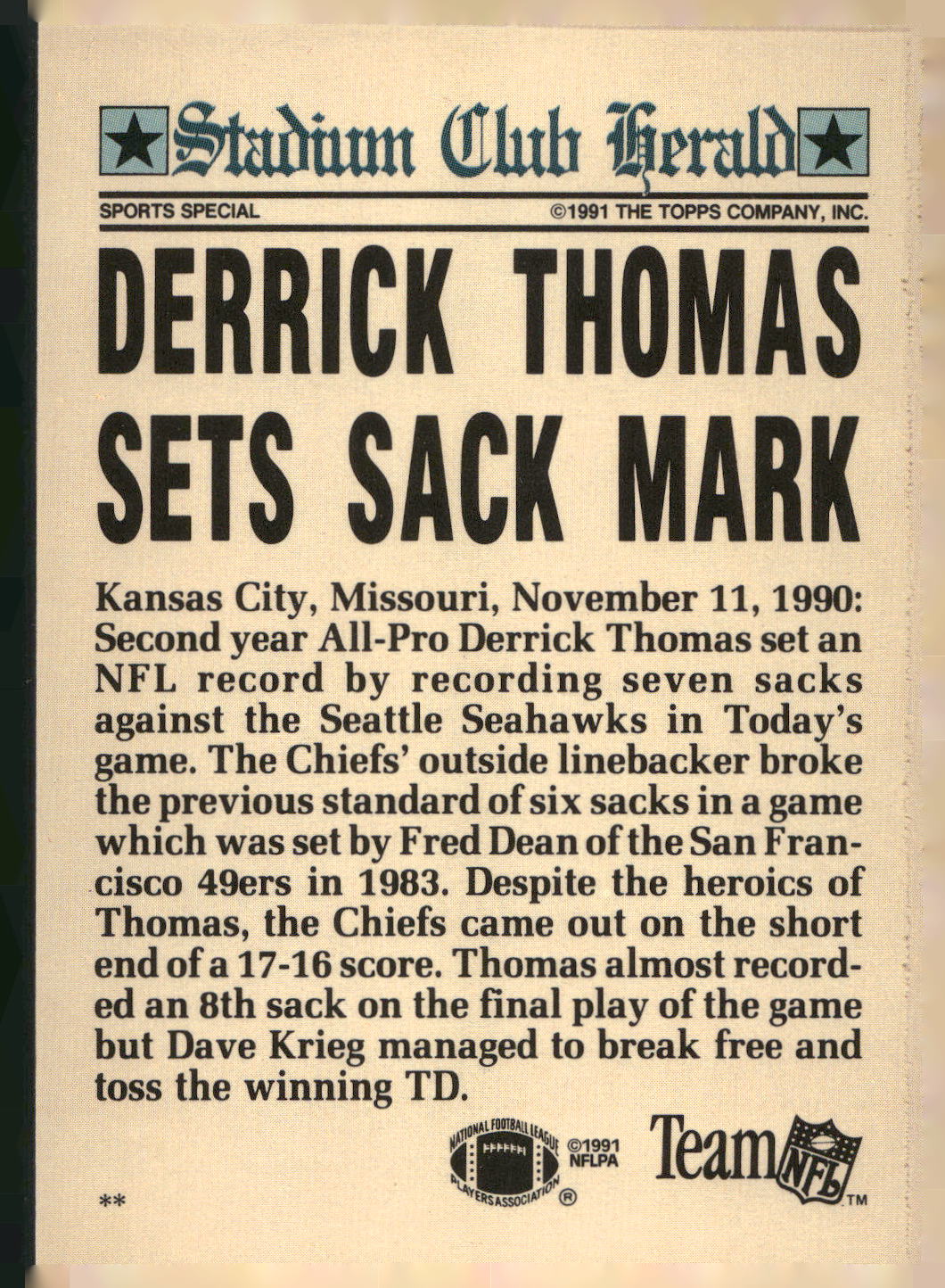 1991 Stadium Club Charter Member #NNO Derrick Thomas