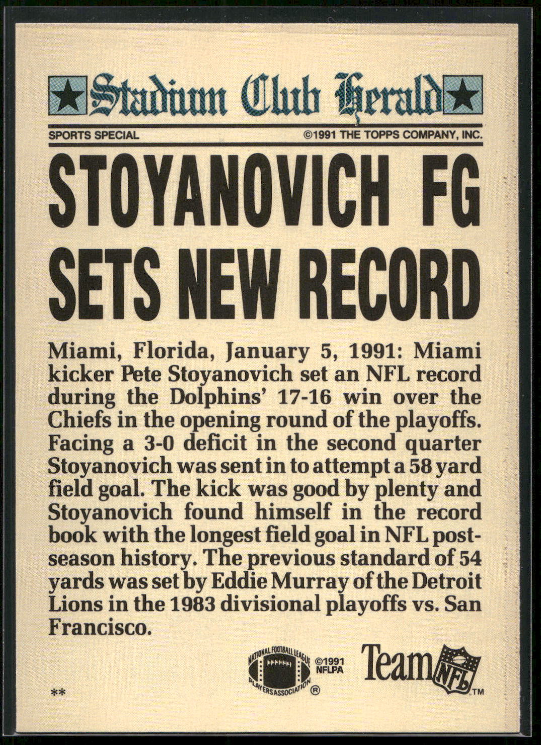 1991 Stadium Club Charter Member #NNO Pete Stoyanovich