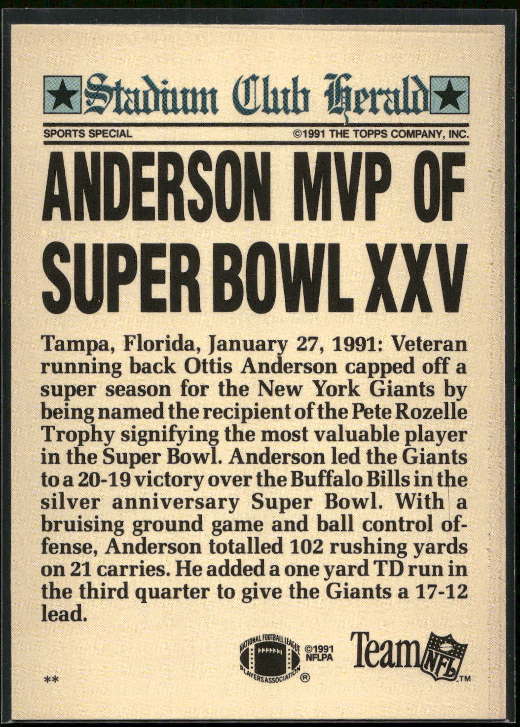 1991 Stadium Club Charter Member #NNO Ottis Anderson