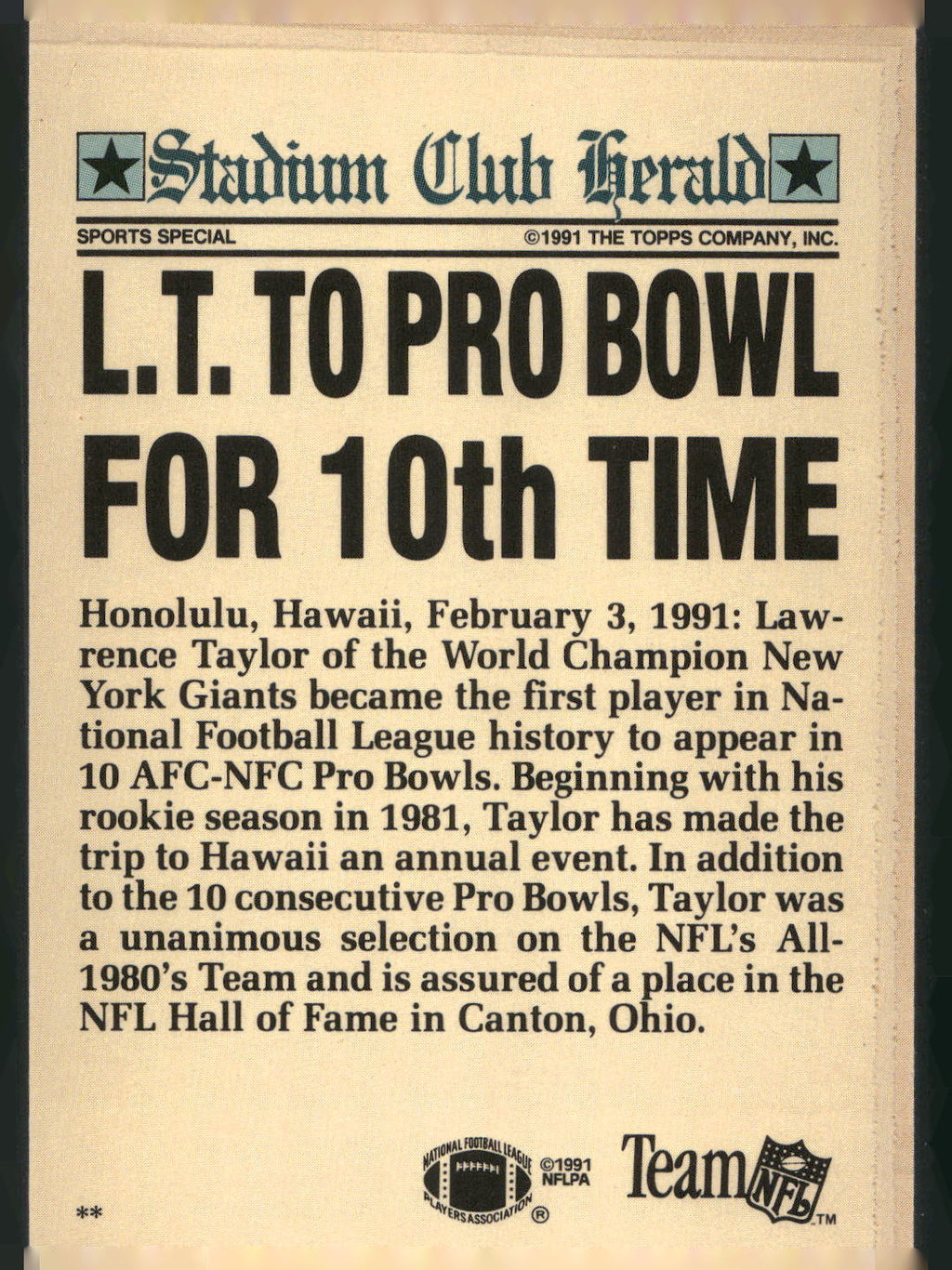 1991 Stadium Club Charter Member #NNO Lawrence Taylor