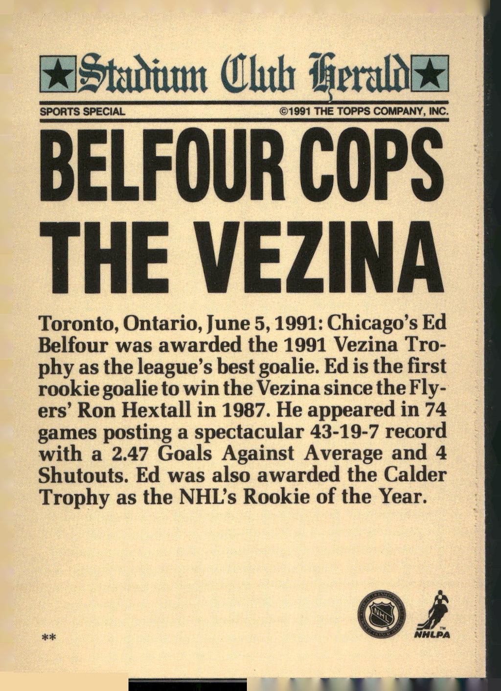 1991 Stadium Club Charter Member #NNO Ed Belfour