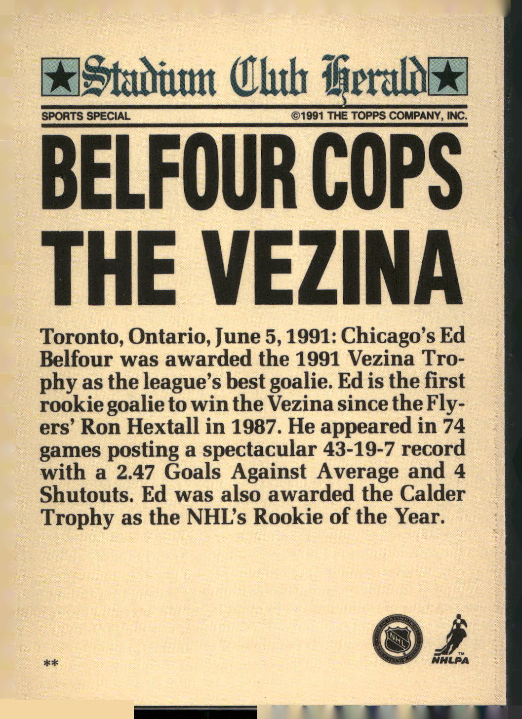 1991 Stadium Club Charter Member #NNO Ed Belfour