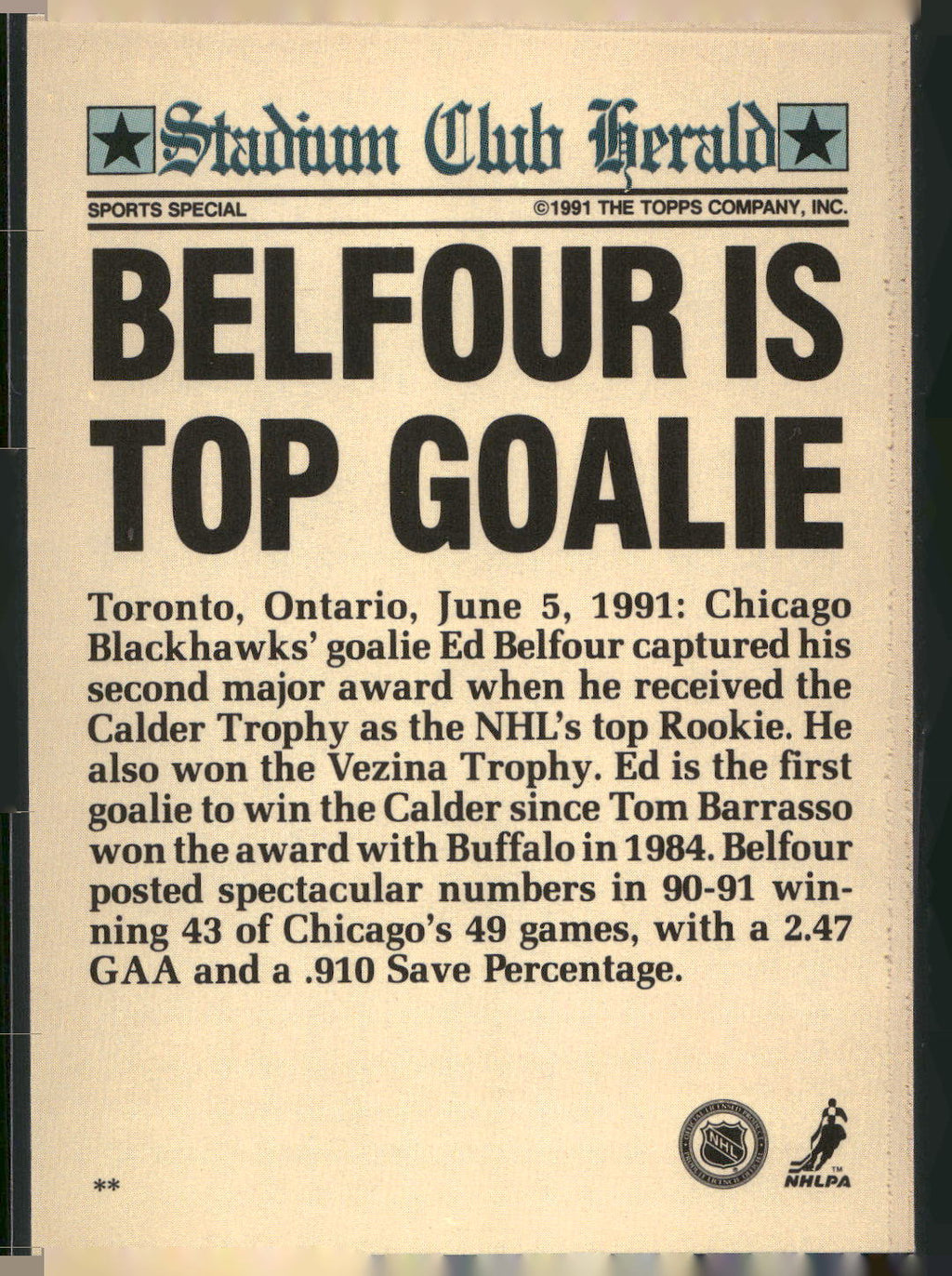 1991 Stadium Club Charter Member #NNO Ed Belfour
