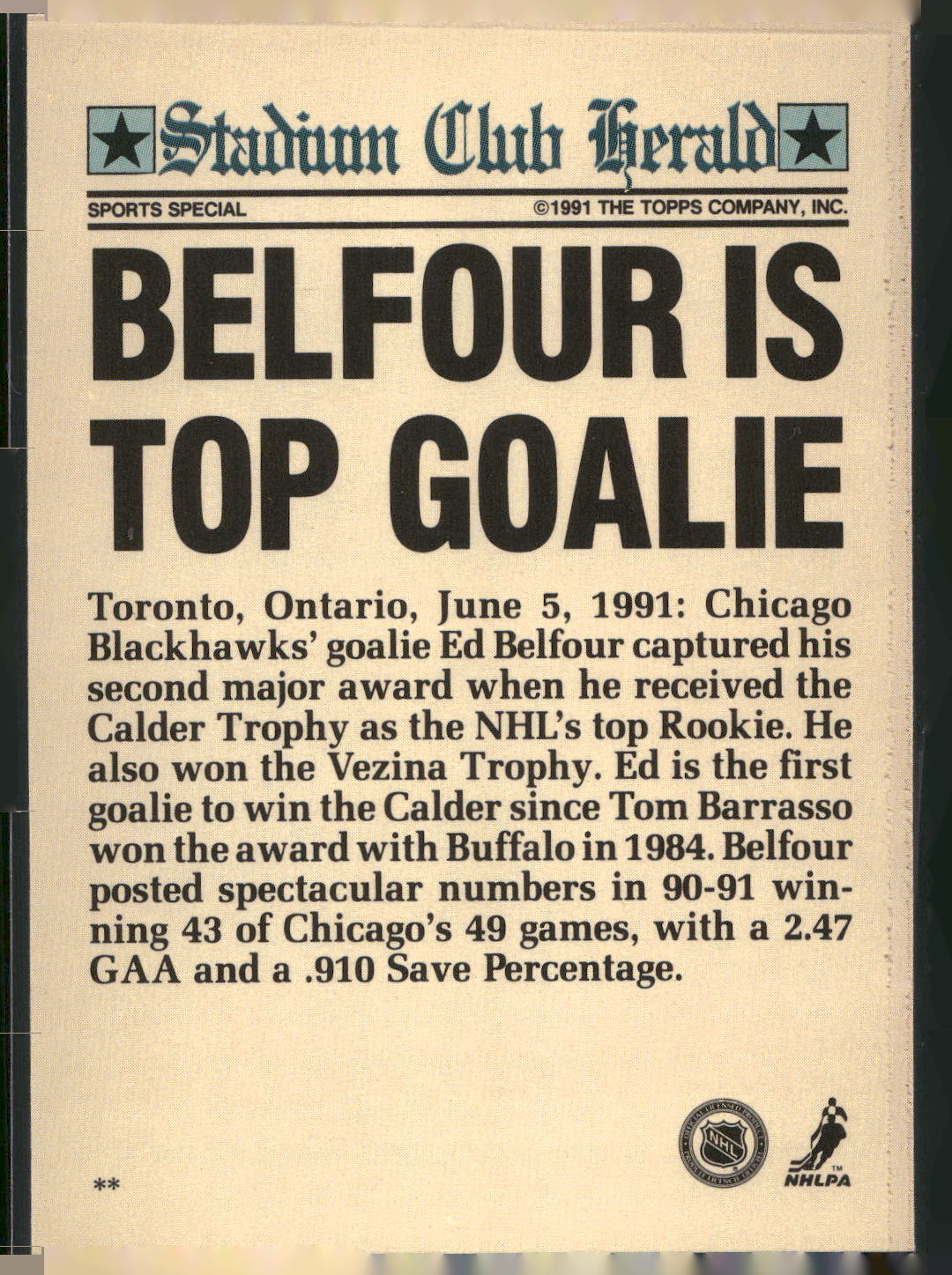 1991 Stadium Club Charter Member #NNO Ed Belfour