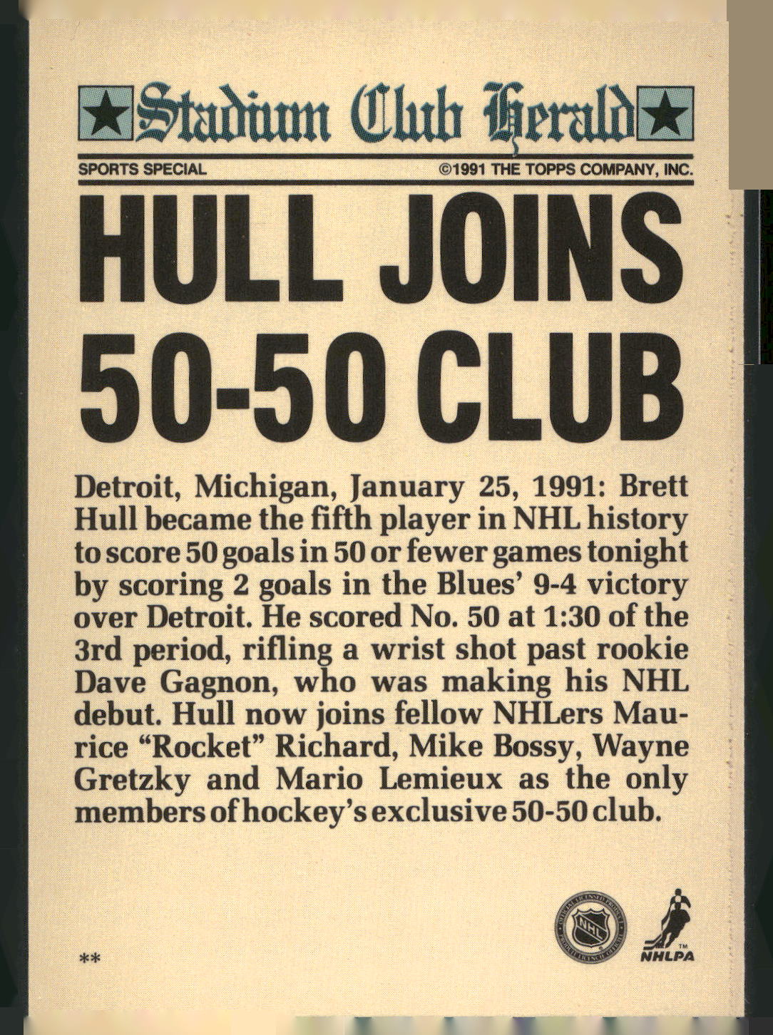 1991 Stadium Club Charter Member #NNO Brett Hull