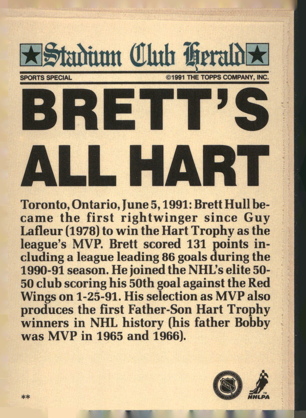1991 Stadium Club Charter Member #NNO Brett Hull