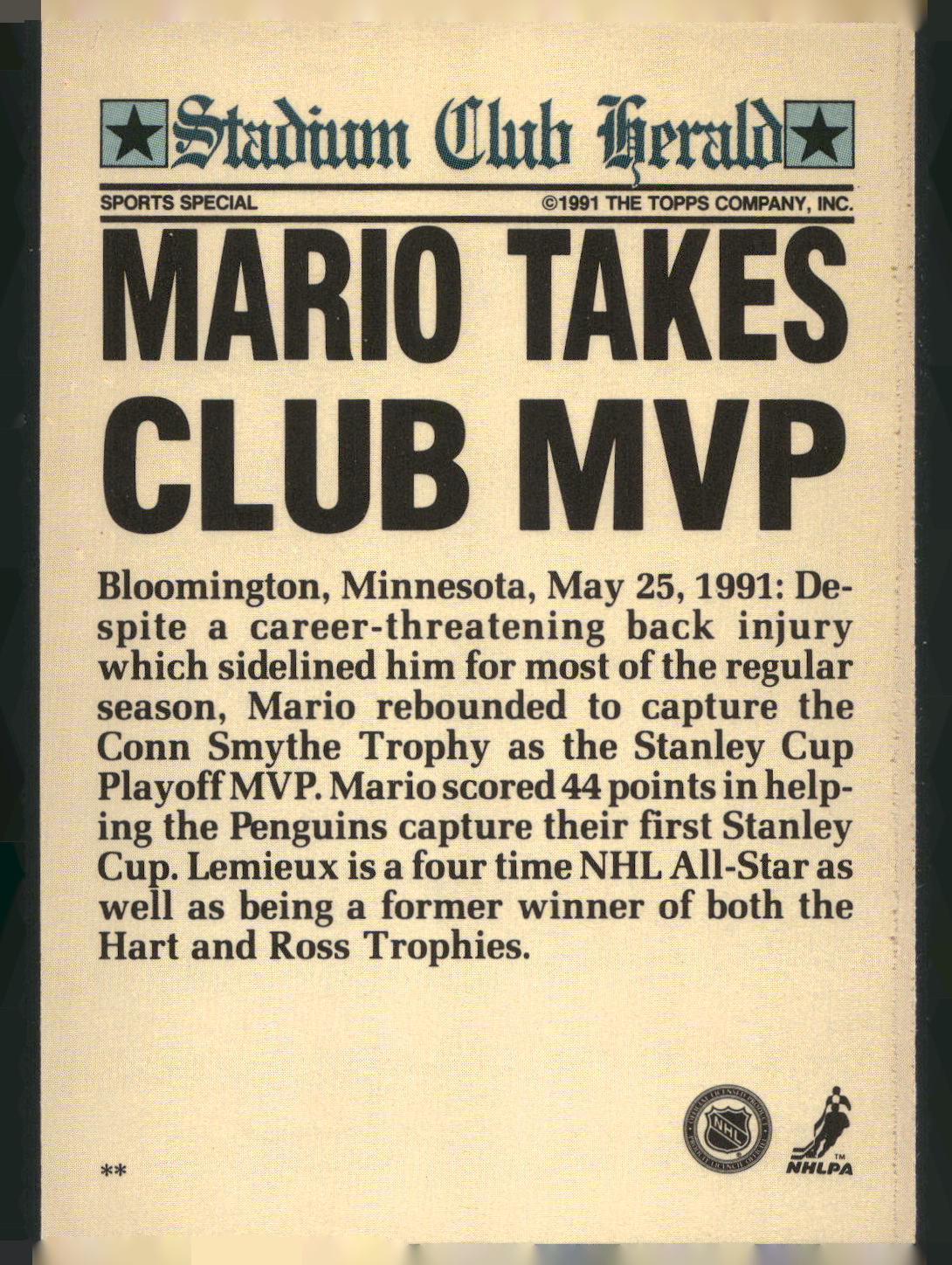1991 Stadium Club Charter Member #NNO Mario Lemieux