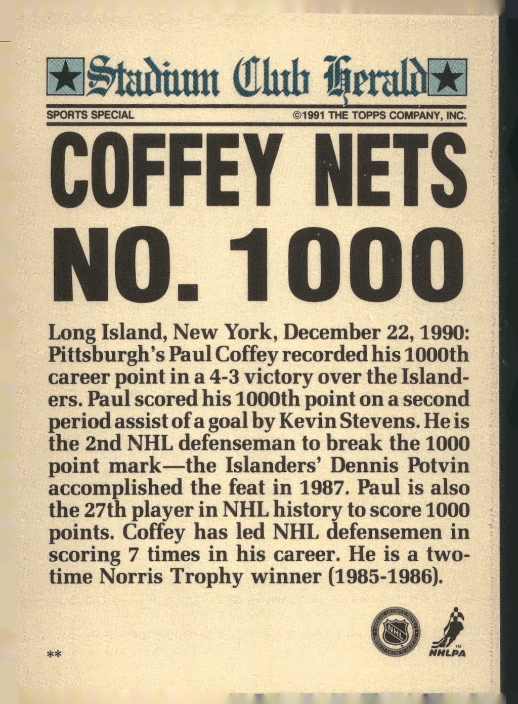 1991 Stadium Club Charter Member #NNO Paul Coffey