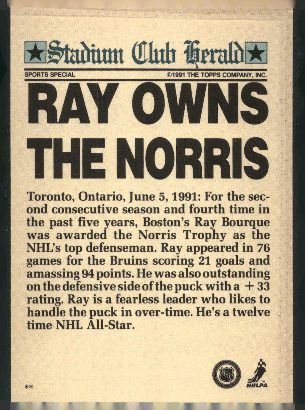 1991 Stadium Club Charter Member #NNO Ray Bourque
