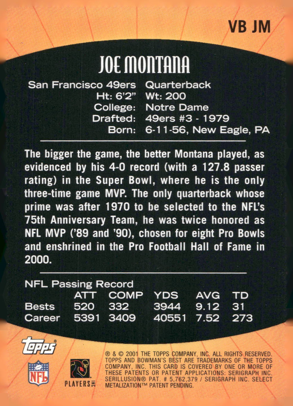2001 Bowman's Best #VB JM Joe Montana Vintage Best