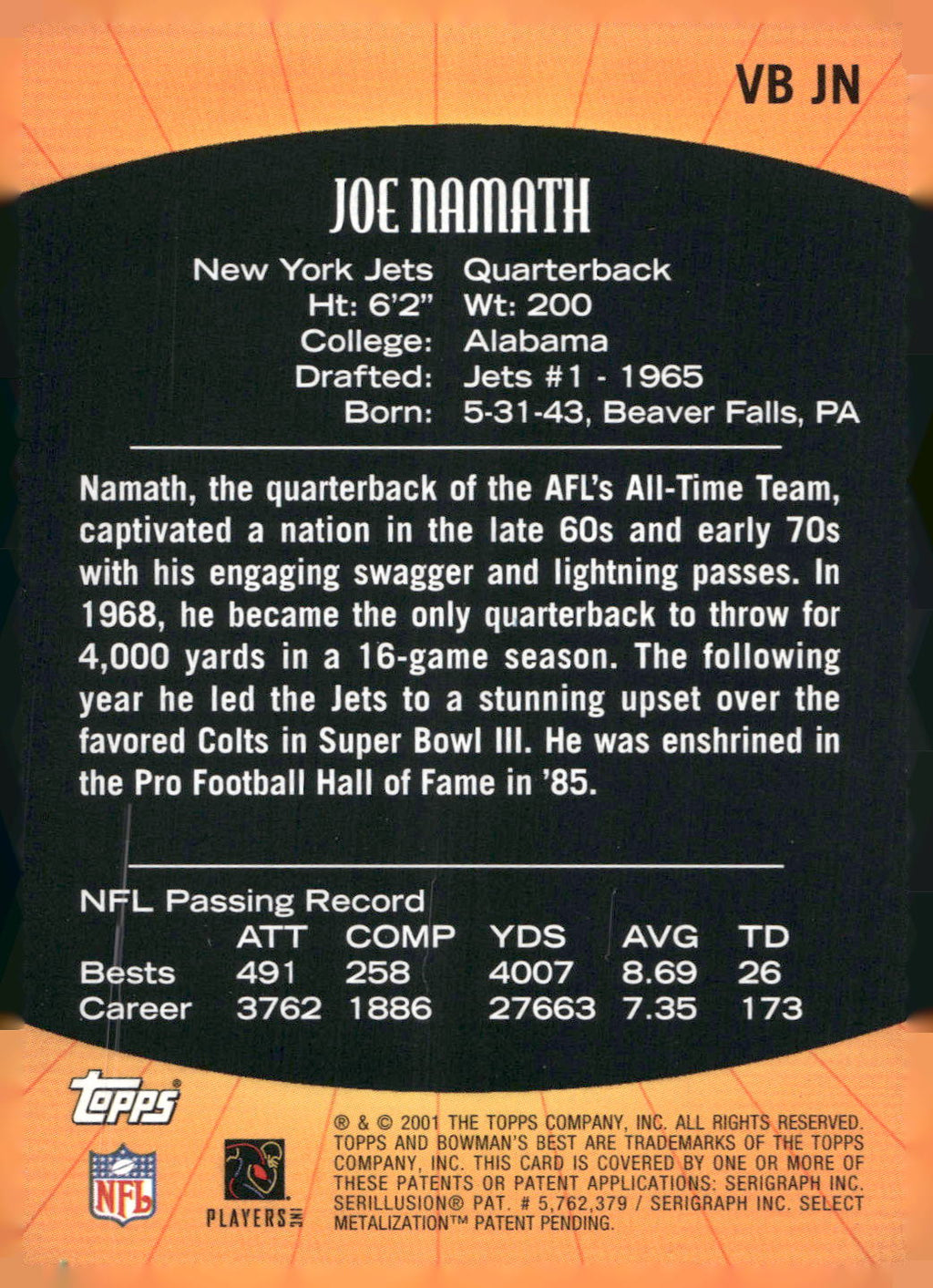 2001 Bowman's Best #VB JN Joe Namath Vintage Best