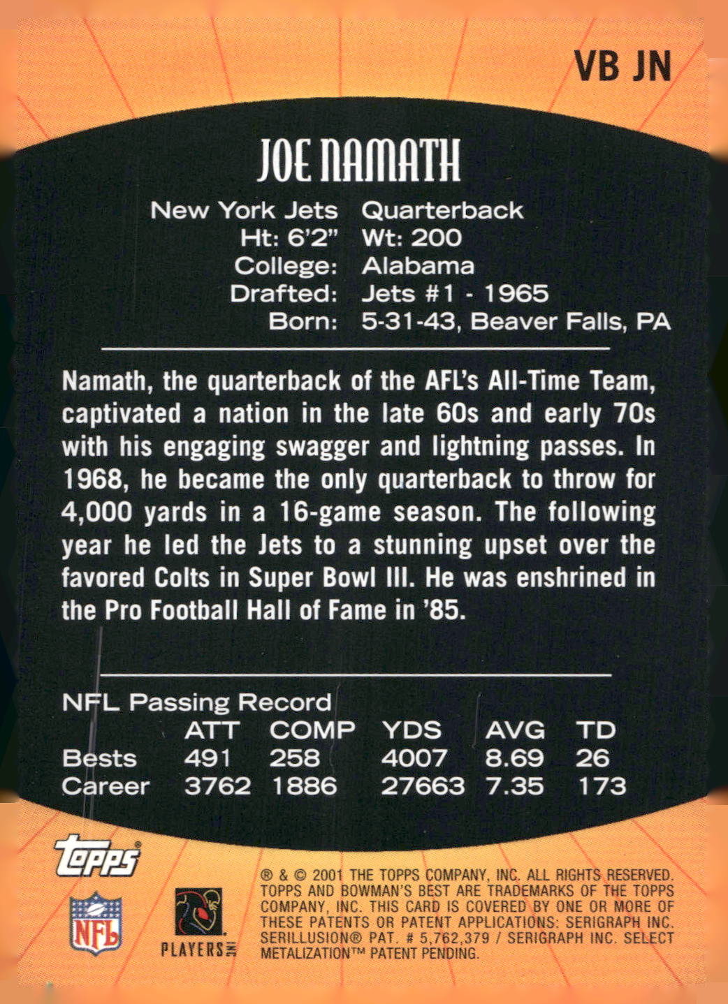 2001 Bowman's Best #VB JN Joe Namath Vintage Best