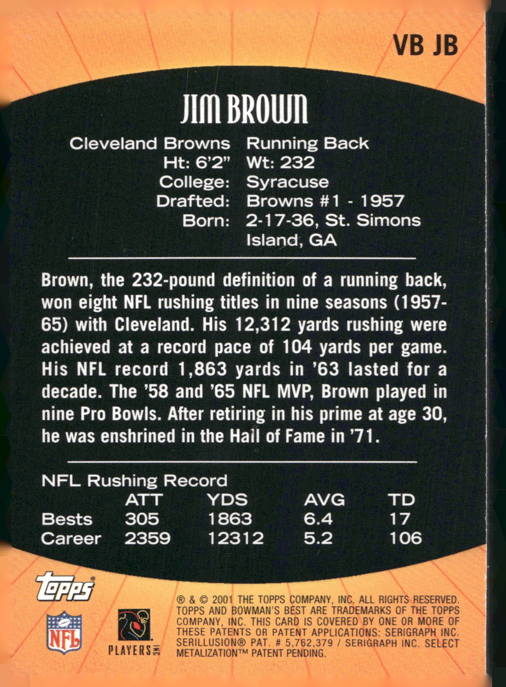 2001 Bowman's Best #VB JB Jim Brown Vintage Best
