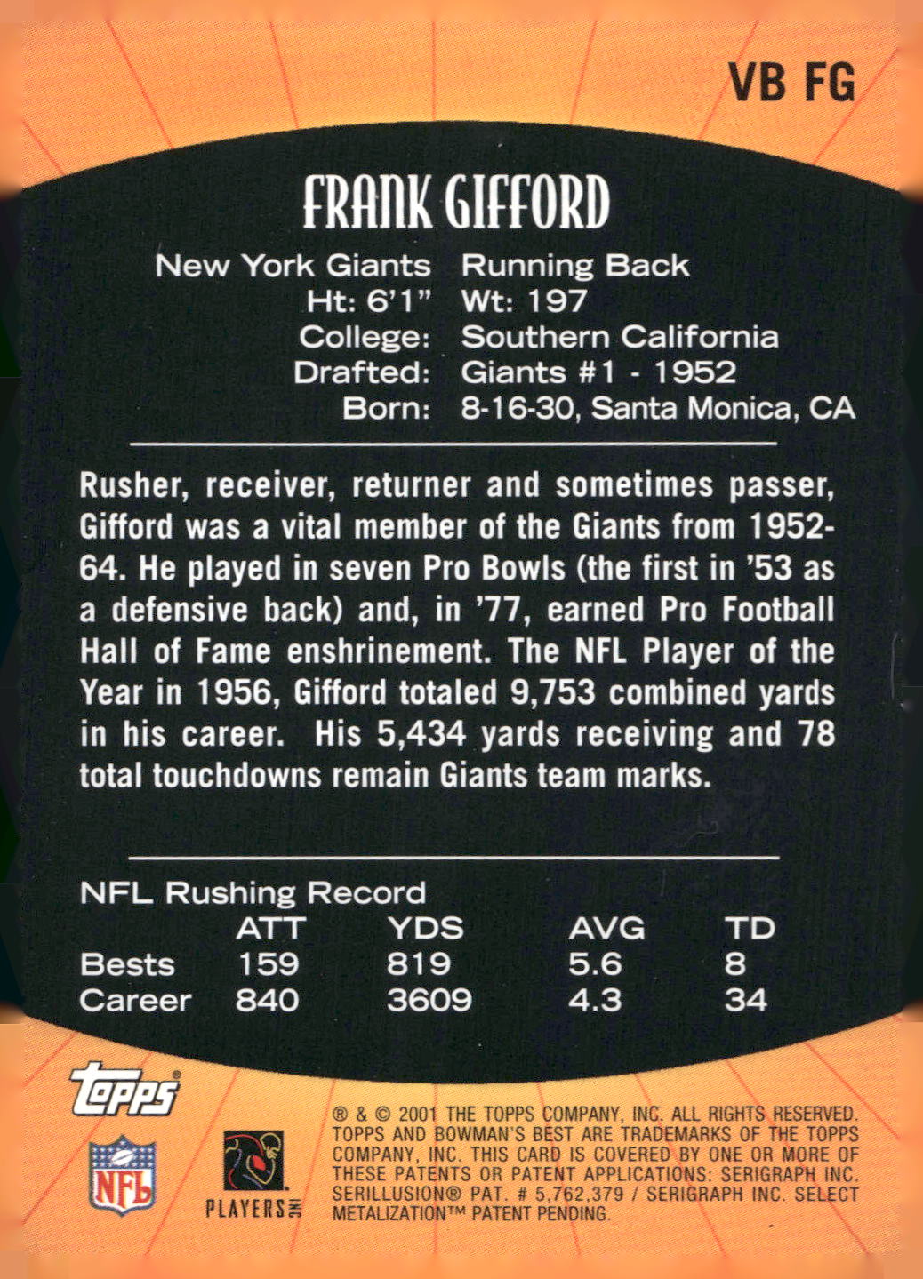 2001 Bowman's Best #VB FG Frank Gifford Vintage Best