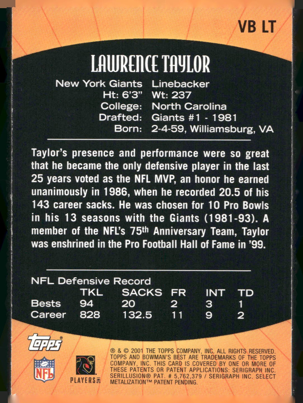 2001 Bowman's Best #VB LT Lawrence Taylor Vintage Best