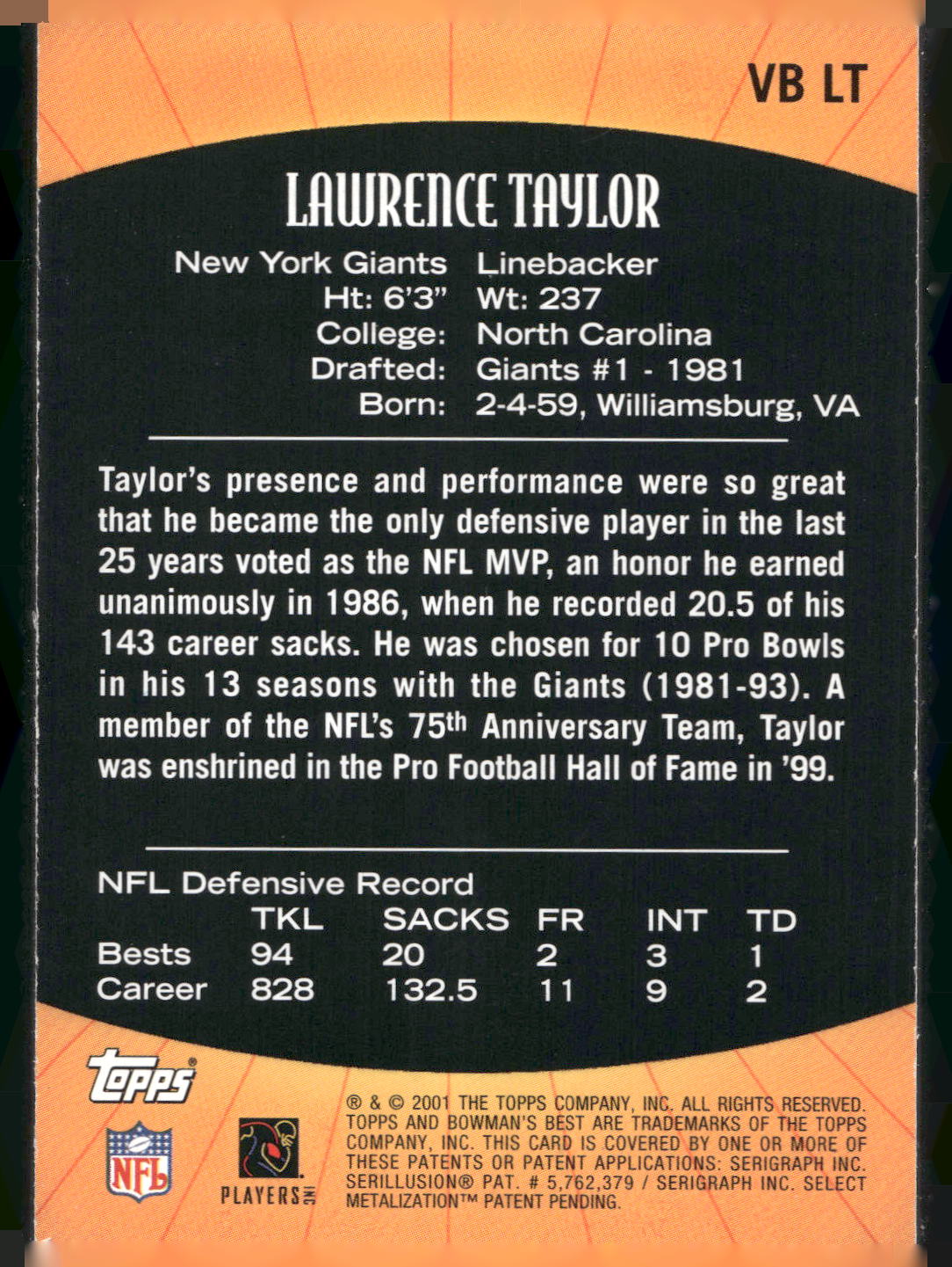 2001 Bowman's Best #VB LT Lawrence Taylor Vintage Best
