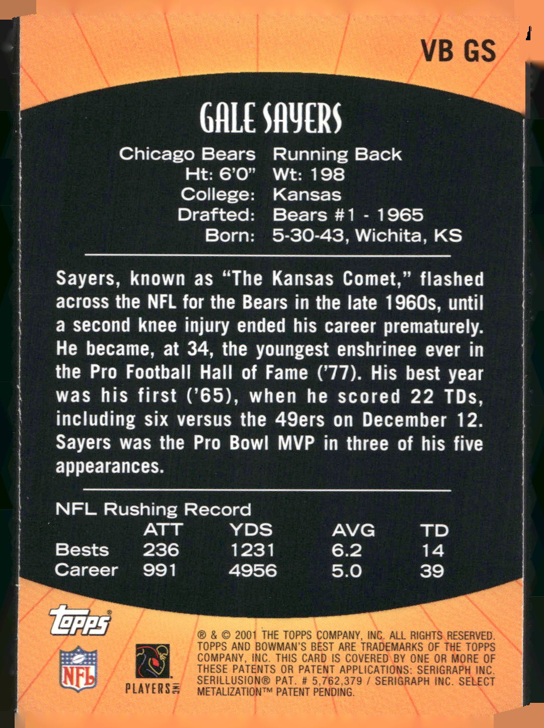 2001 Bowman's Best #VB GS Gale Sayers Vintage Best