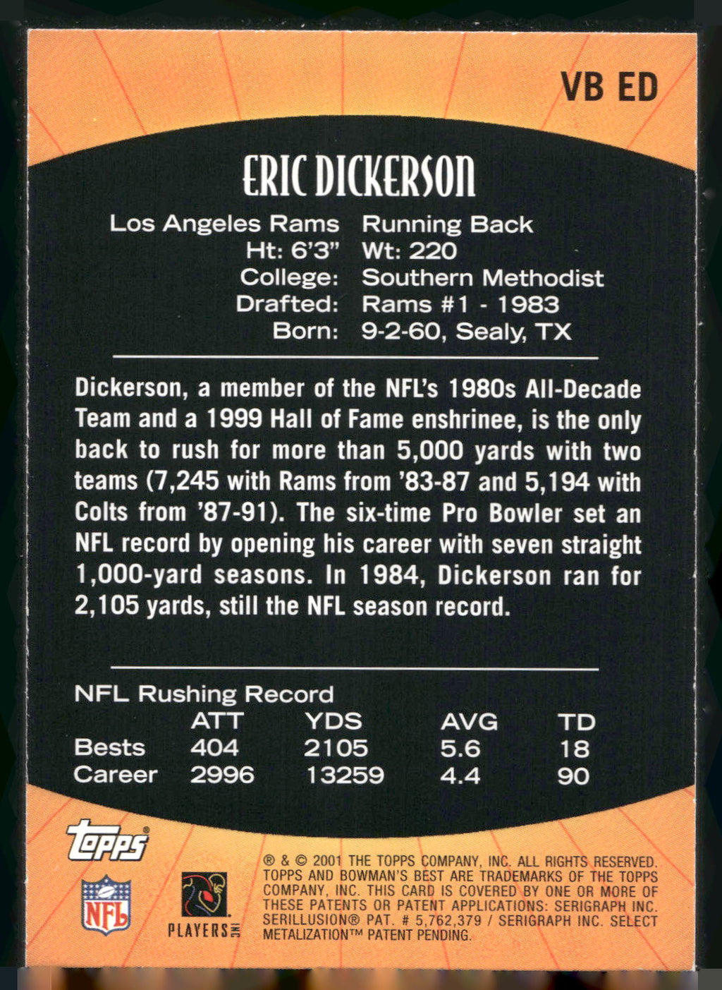 2001 Bowman's Best #VB ED Eric Dickerson Vintage Best