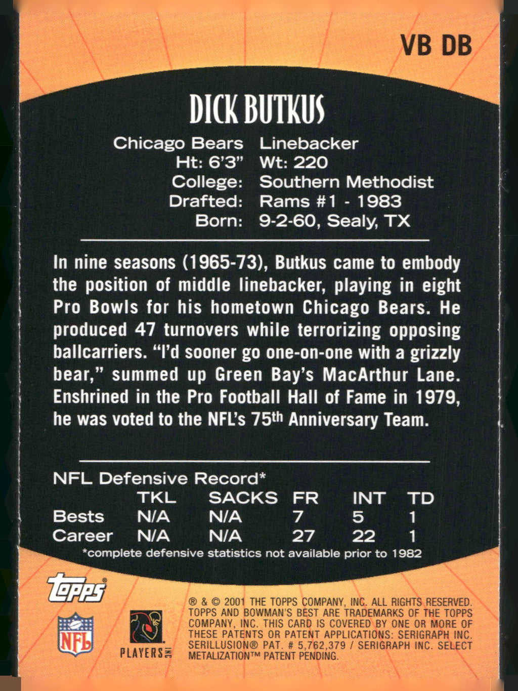 2001 Bowman's Best #VB DB Dick Butkus Vintage Best
