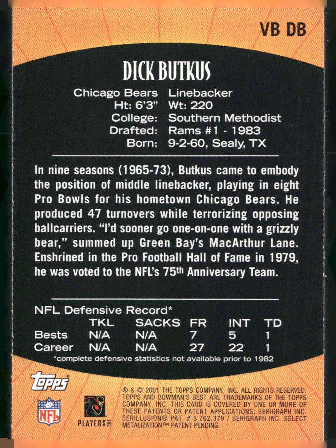 2001 Bowman's Best #VB DB Dick Butkus Vintage Best