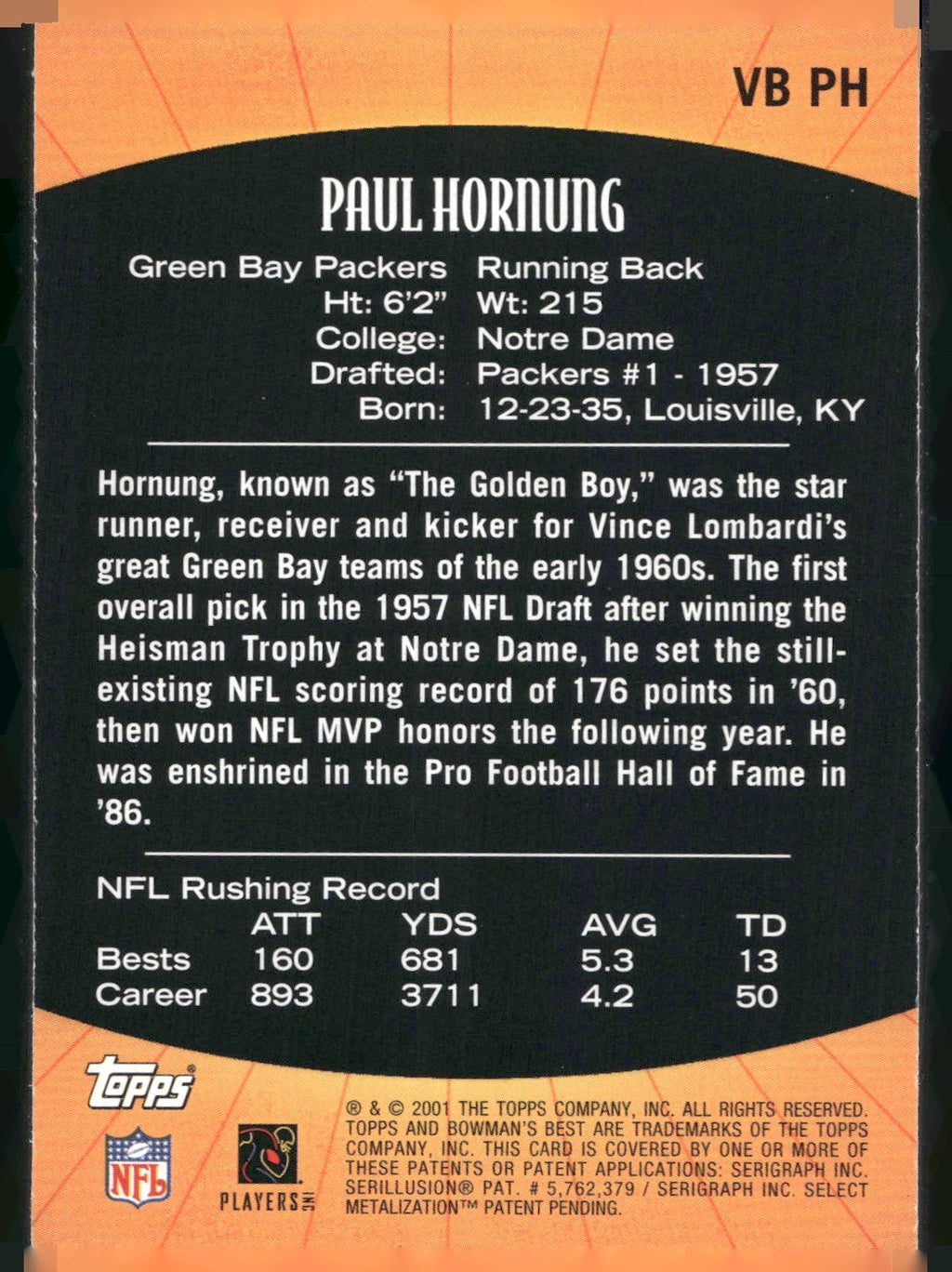 2001 Bowman's Best #VB PH Paul Hornung Vintage Best