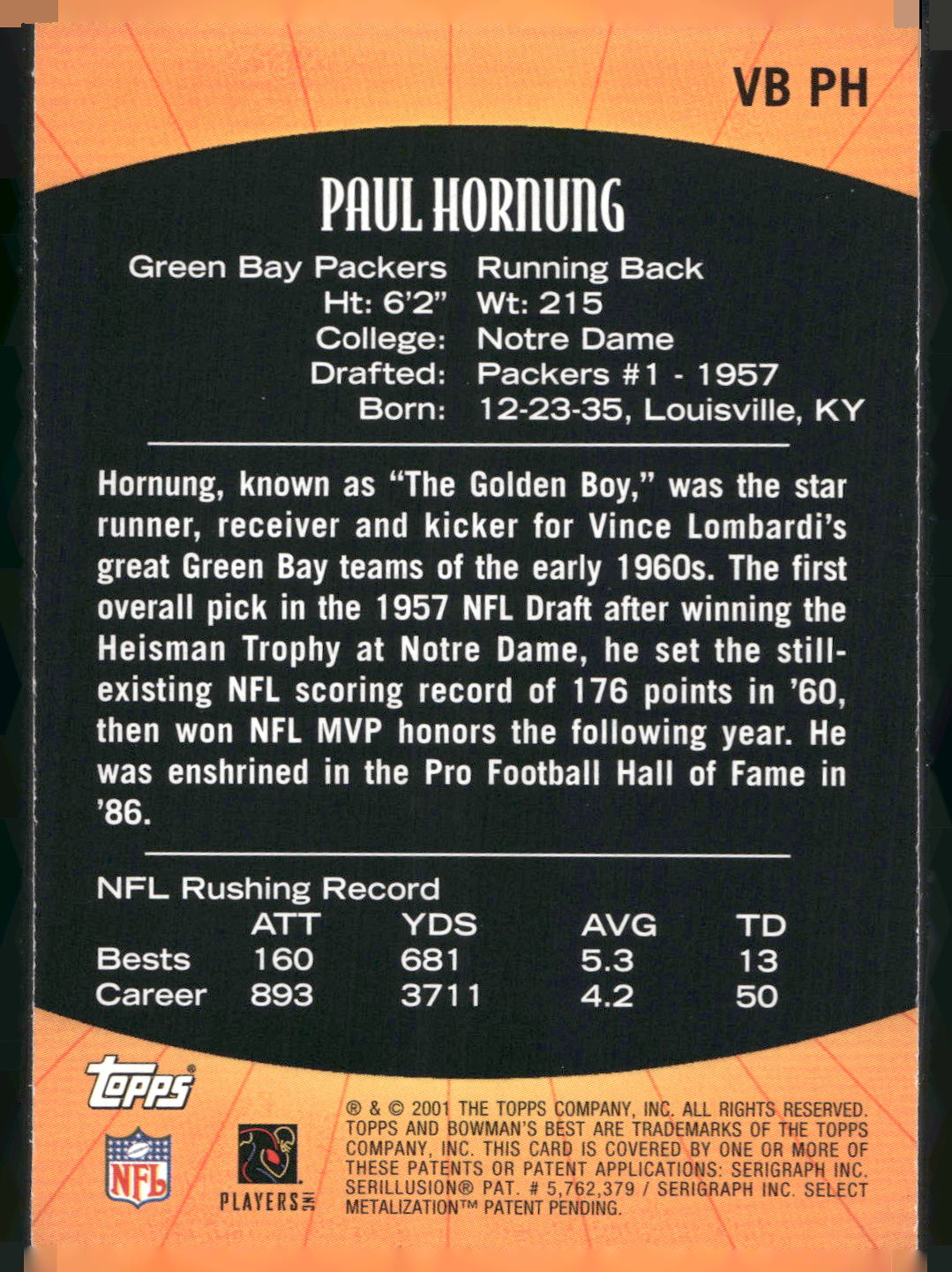 2001 Bowman's Best #VB PH Paul Hornung Vintage Best