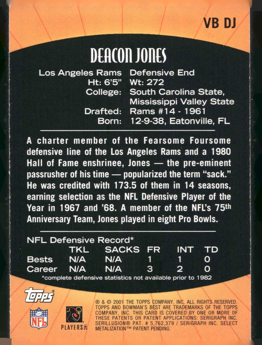 2001 Bowman's Best #VB DJ Deacon Jones Vintage Best