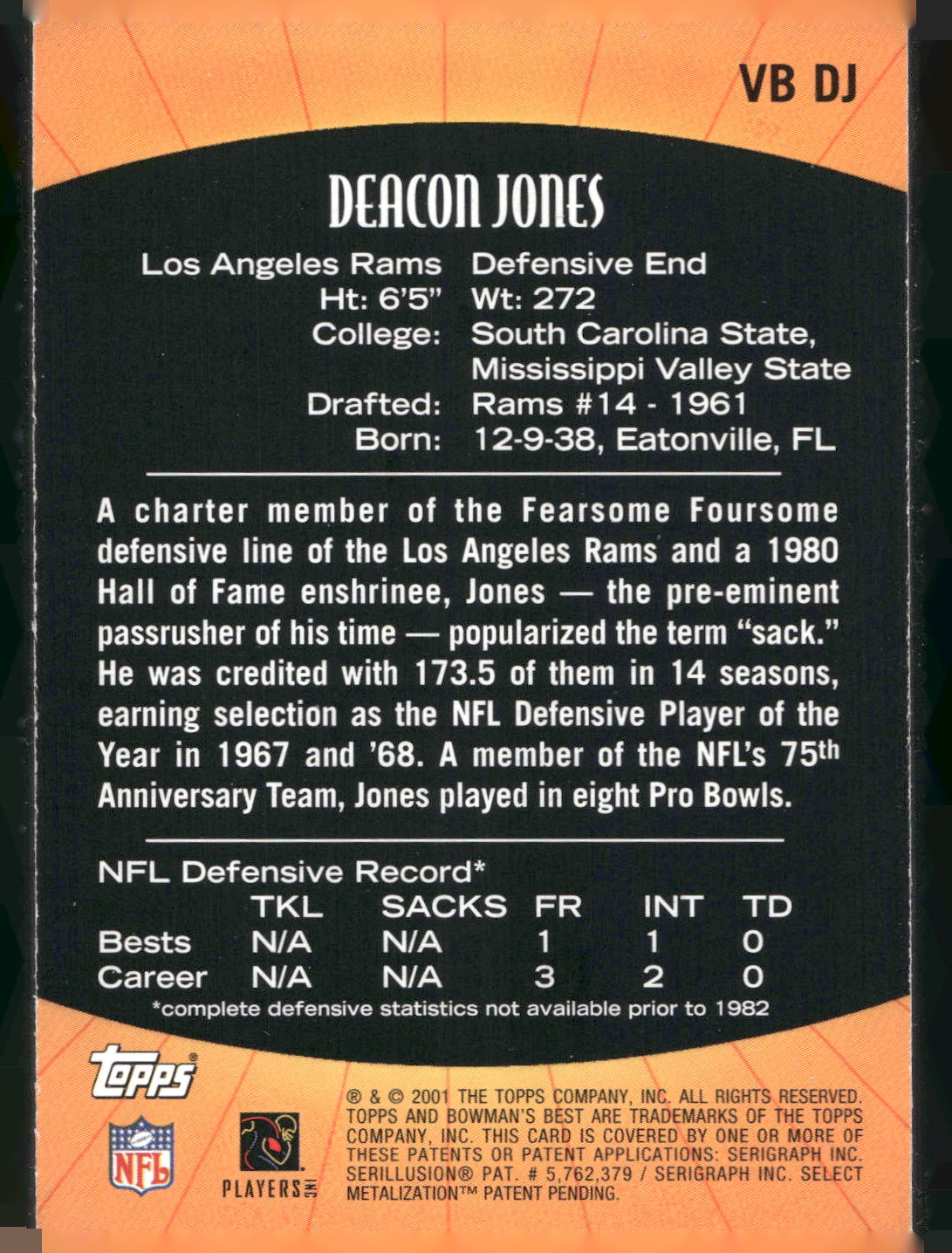 2001 Bowman's Best #VB DJ Deacon Jones Vintage Best
