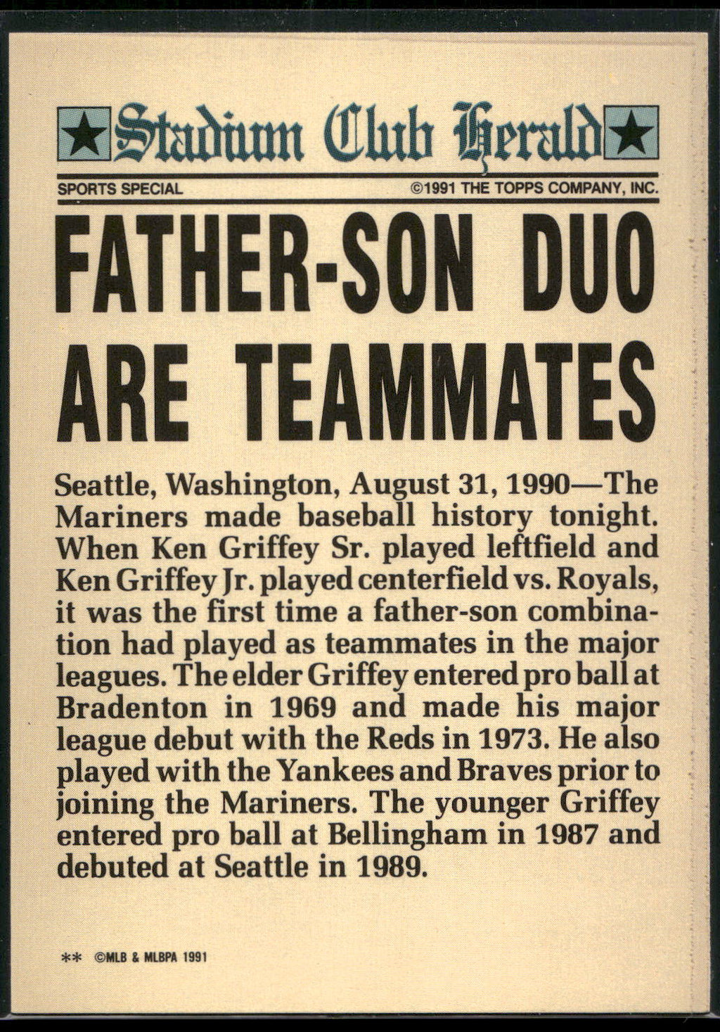 1991 Stadium Club Charter Member #NNO Ken Griffey Jr. / Ken Griffey