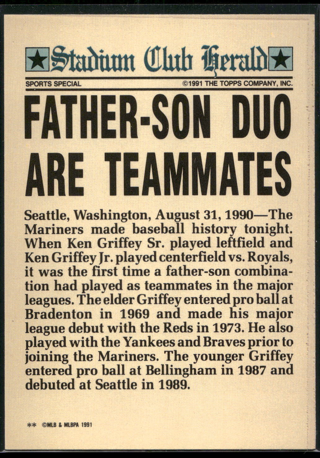 1991 Stadium Club Charter Member #NNO Ken Griffey Jr. / Ken Griffey