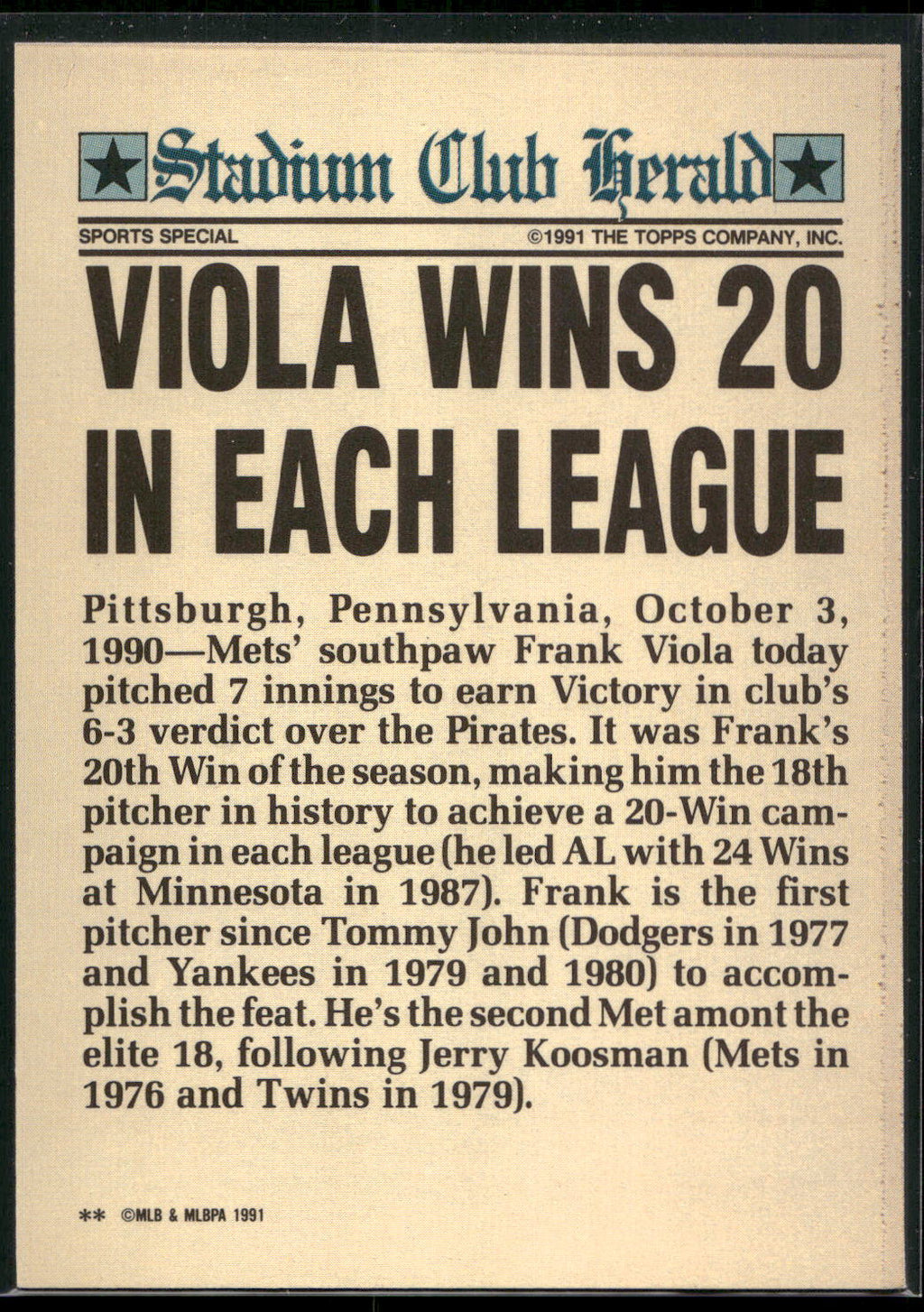 1991 Stadium Club Charter Member #NNO Frank Viola