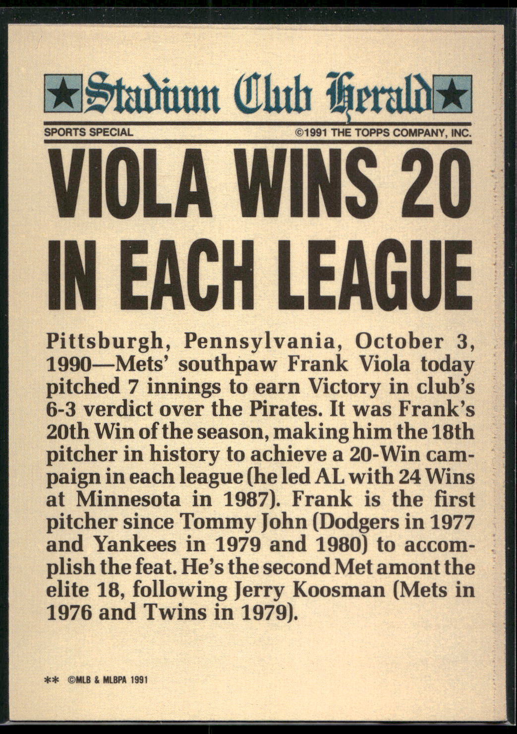 1991 Stadium Club Charter Member #NNO Frank Viola