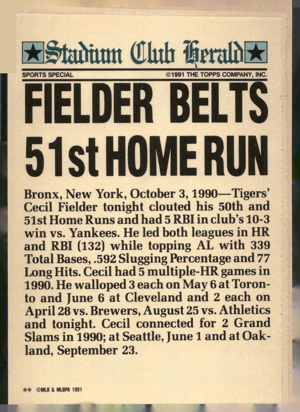 1991 Stadium Club Charter Member #NNO Cecil Fielder