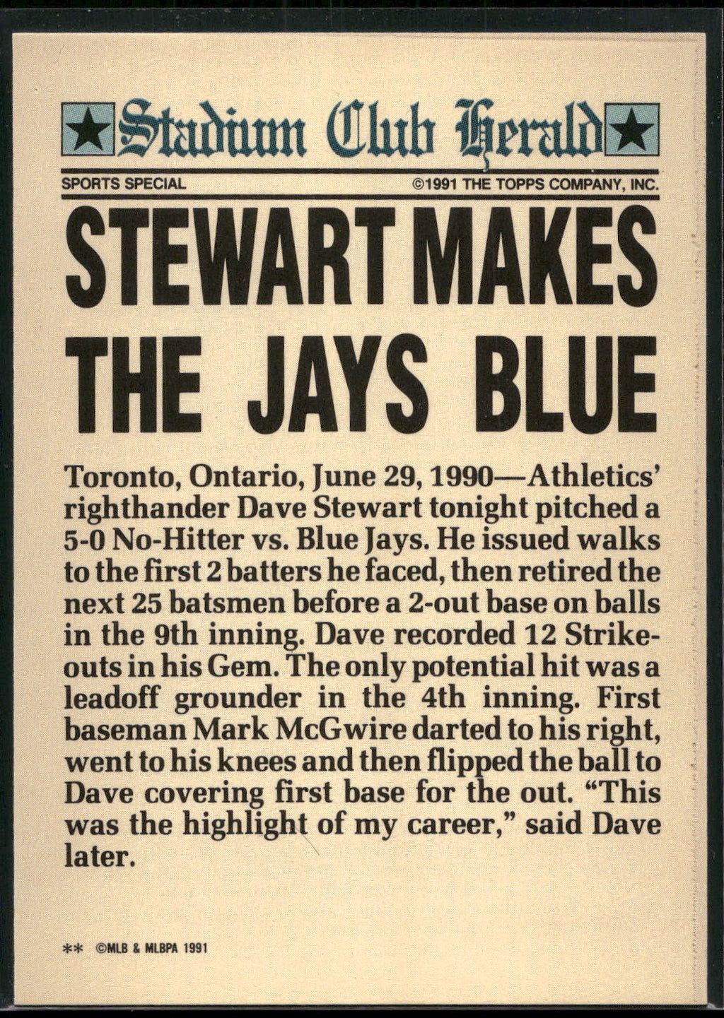 1991 Stadium Club Charter Member #NNO Dave Stewart