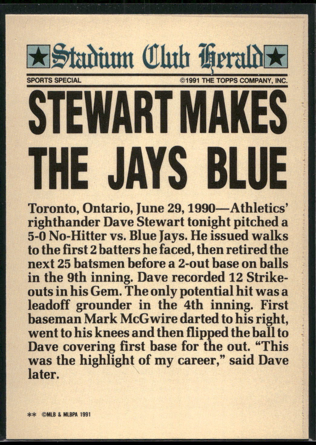 1991 Stadium Club Charter Member #NNO Dave Stewart