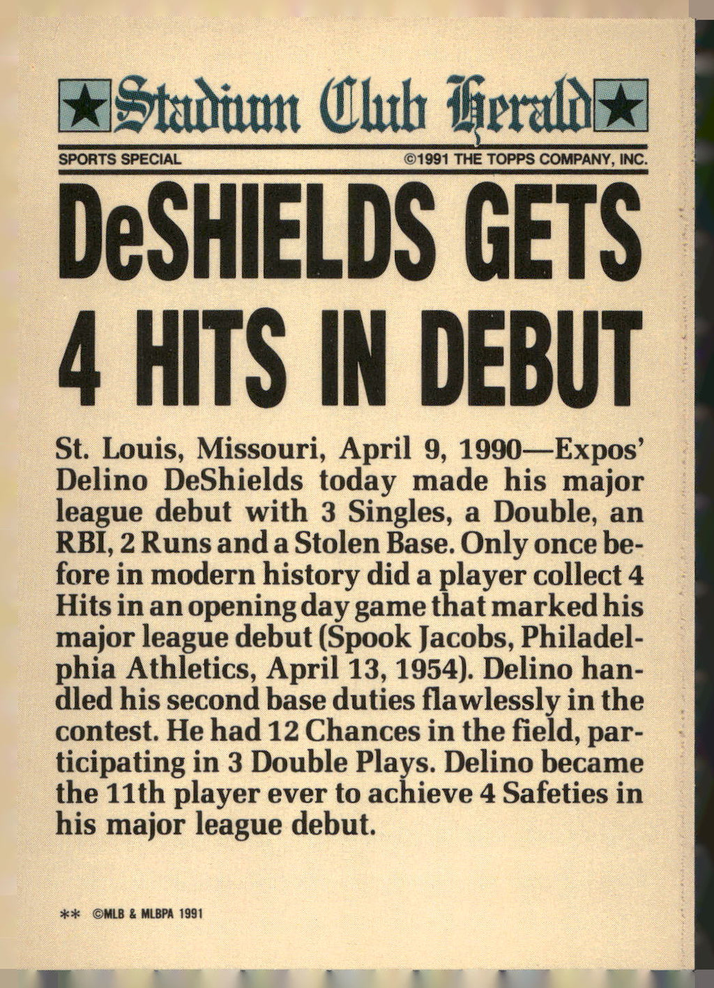 1991 Stadium Club Charter Member #NNO Delino DeShields