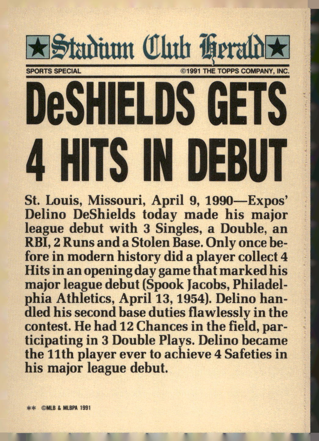 1991 Stadium Club Charter Member #NNO Delino DeShields