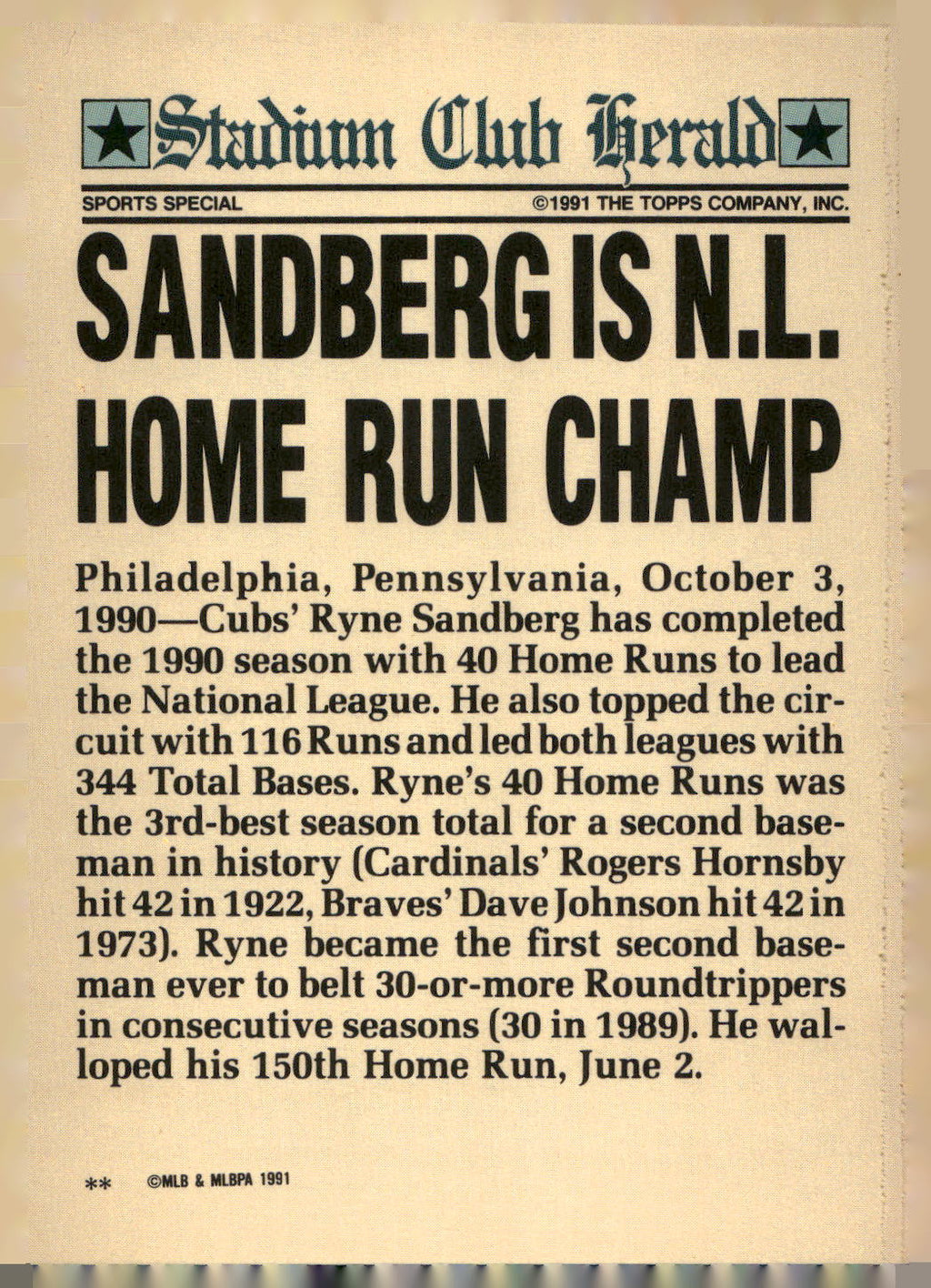 1991 Stadium Club Charter Member #NNO Ryne Sandberg