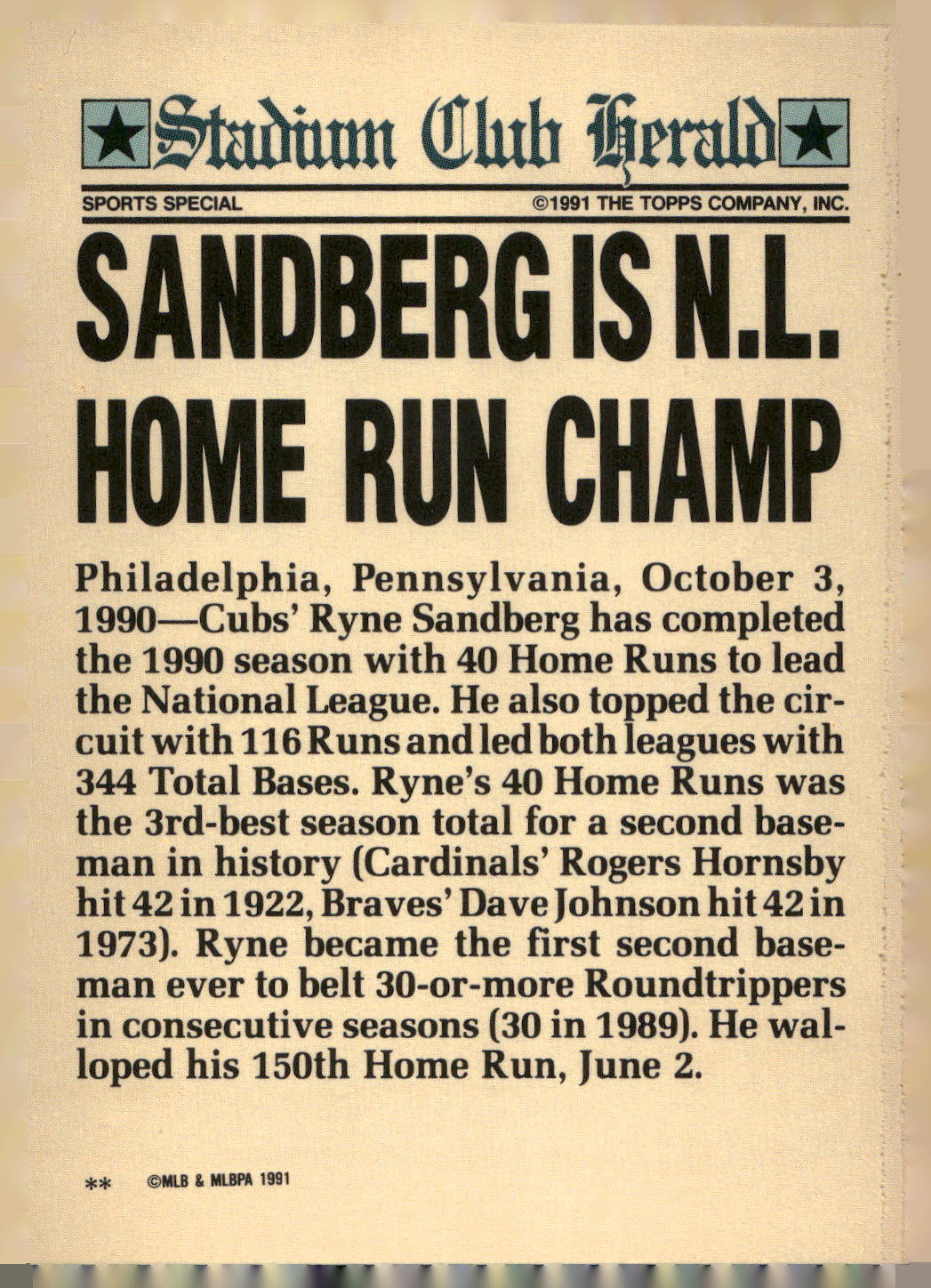 1991 Stadium Club Charter Member #NNO Ryne Sandberg