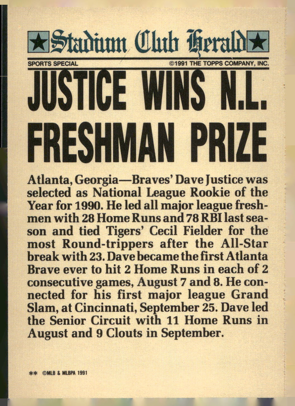 1991 Stadium Club Charter Member #NNO Dave Justice