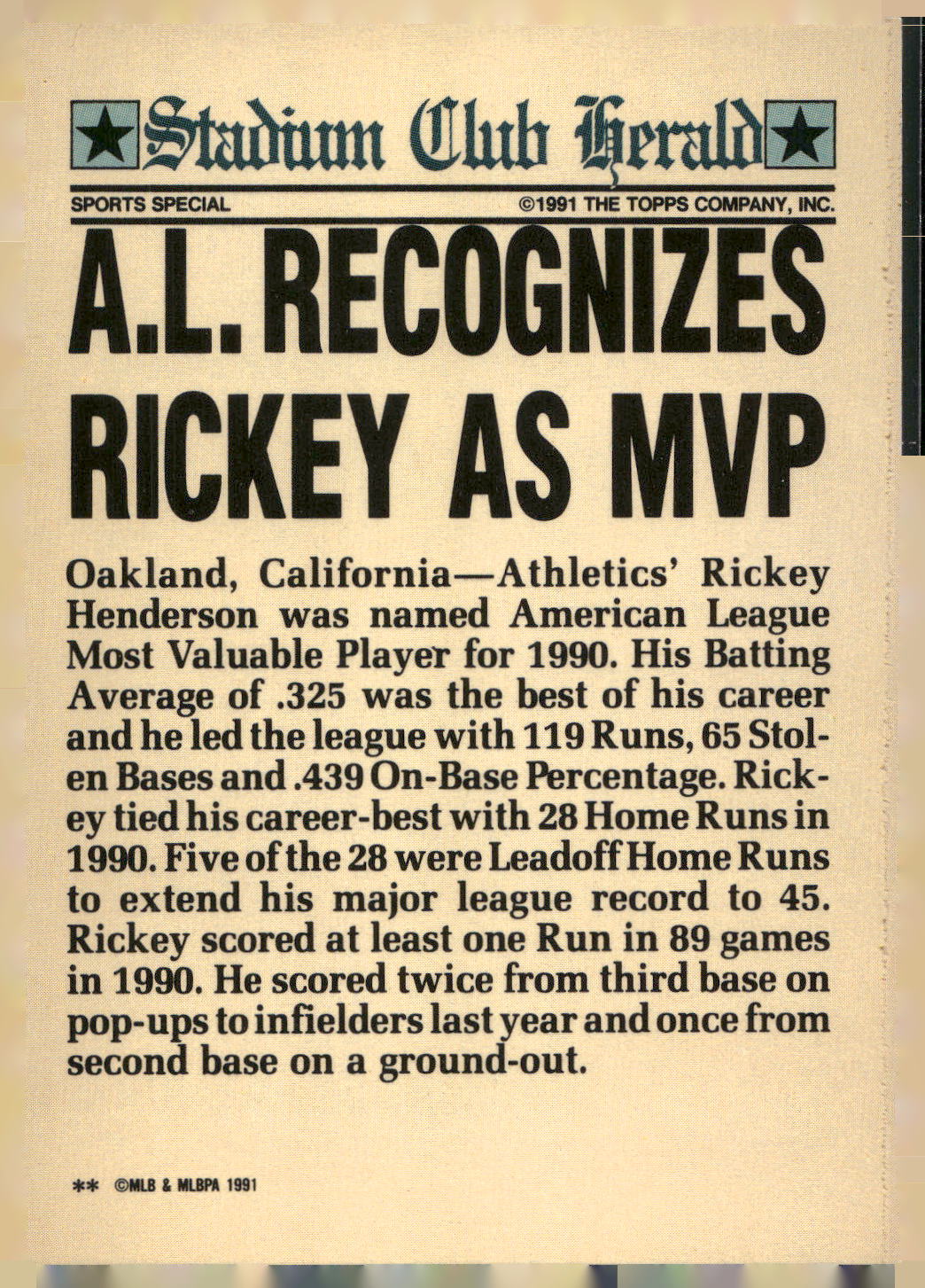 1991 Stadium Club Charter Member #NNO Rickey Henderson