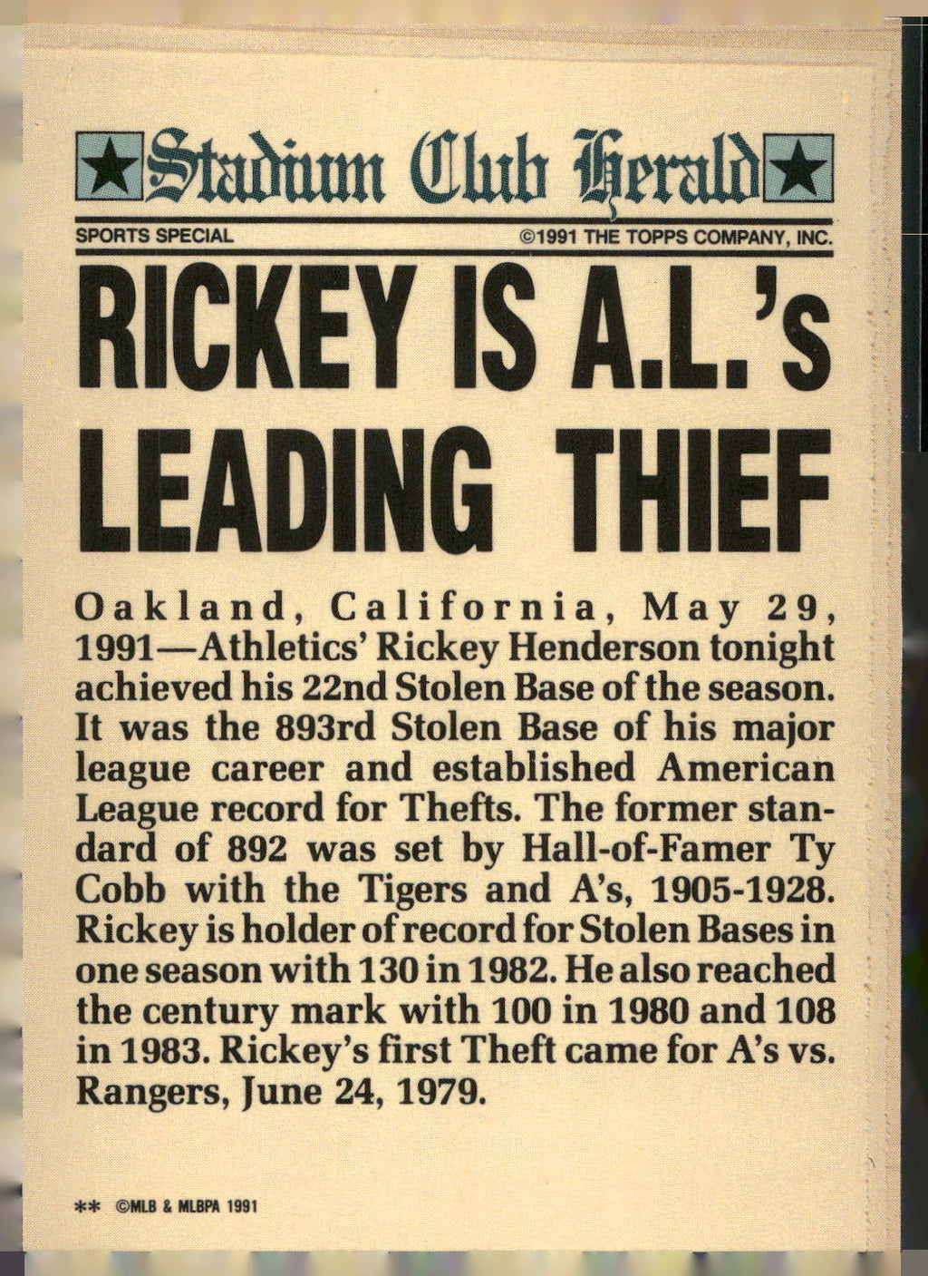 1991 Stadium Club Charter Member #NNO Rickey Henderson