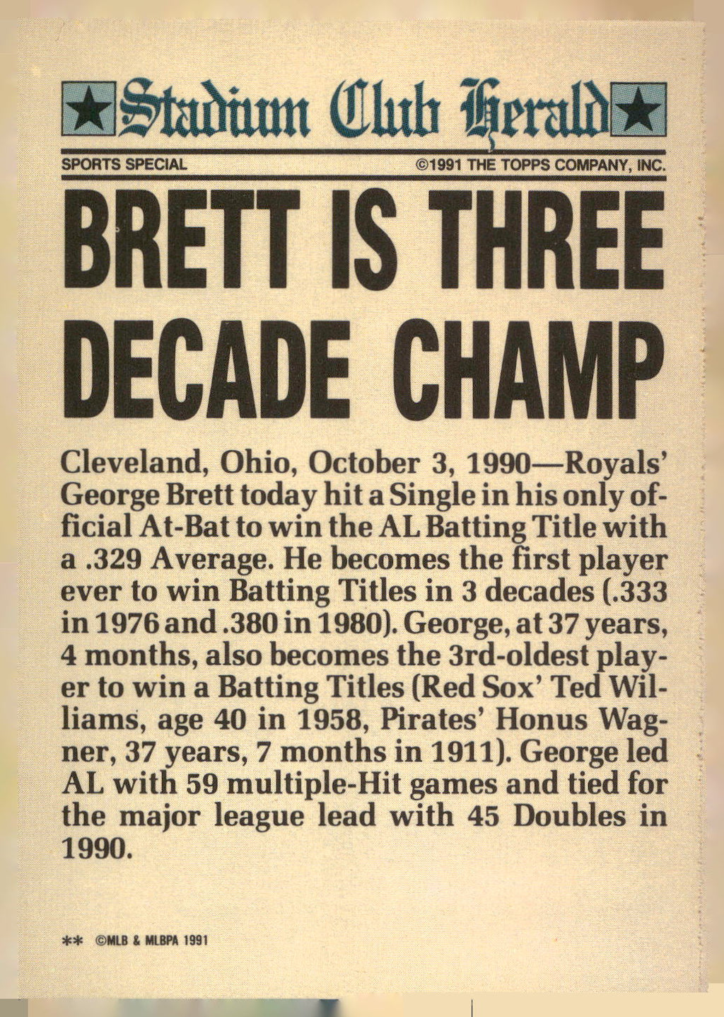 1991 Stadium Club Charter Member #NNO George Brett