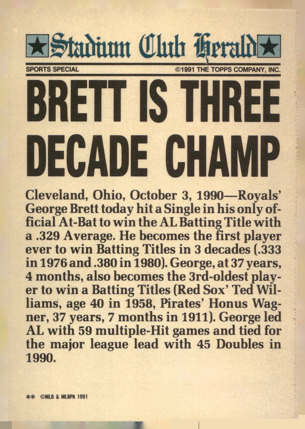 1991 Stadium Club Charter Member #NNO George Brett