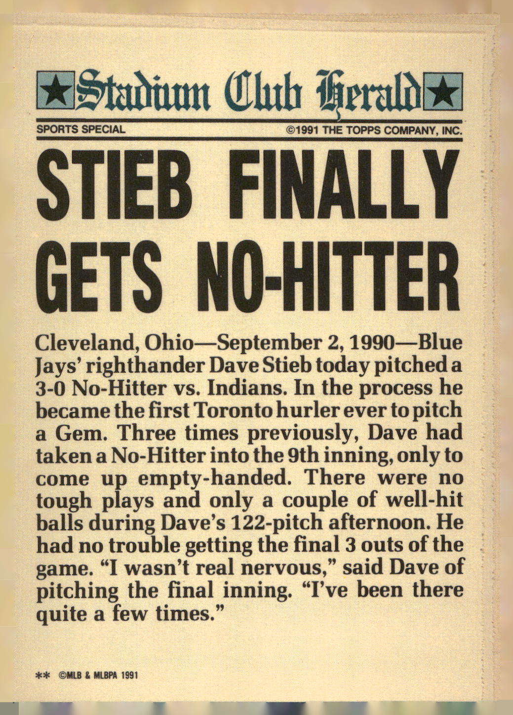 1991 Stadium Club Charter Member #NNO Dave Stieb