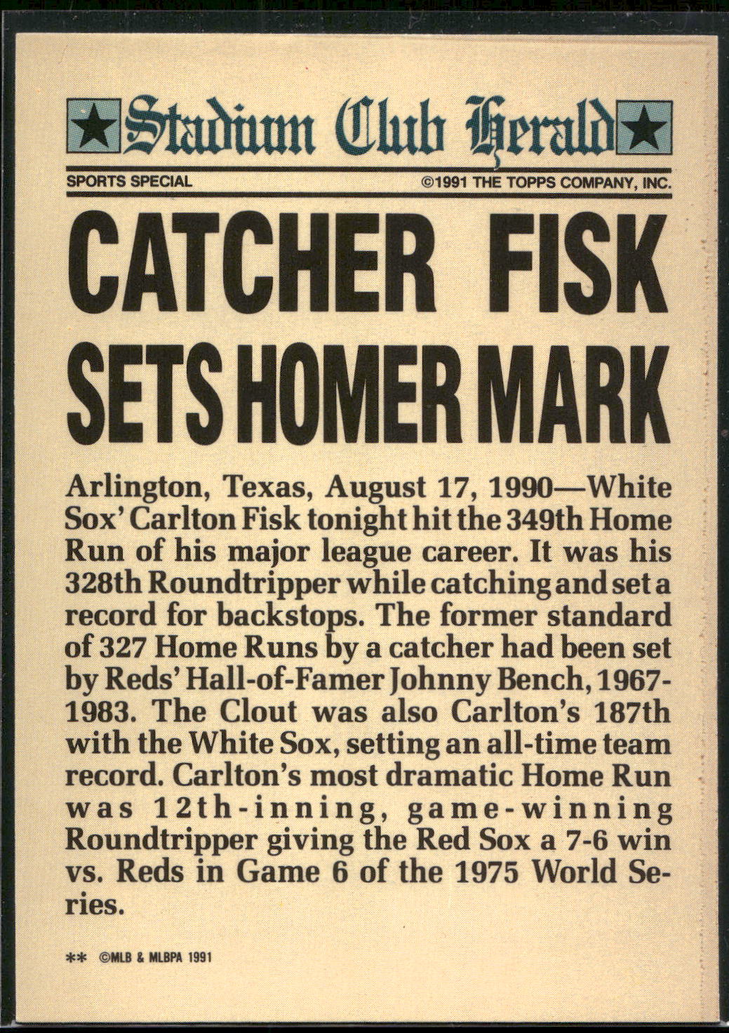 1991 Stadium Club Charter Member #NNO Carlton Fisk