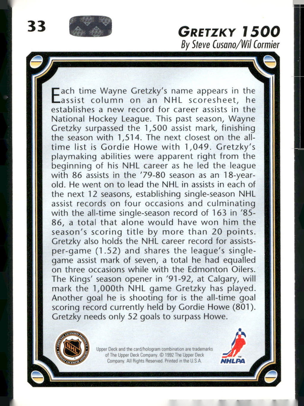 1992-93 Upper Deck #33 Gretzky 1500