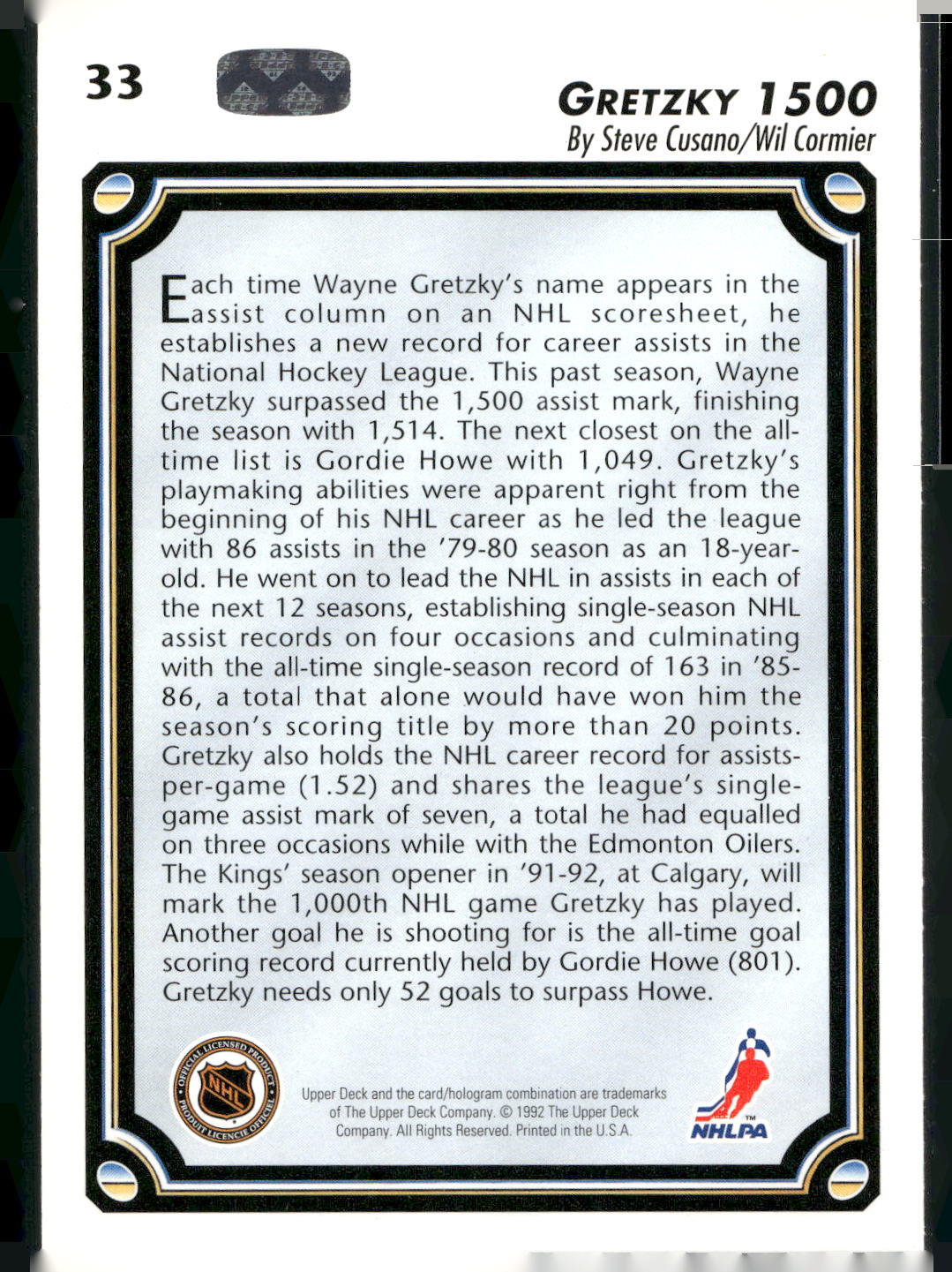 1992-93 Upper Deck #33 Gretzky 1500