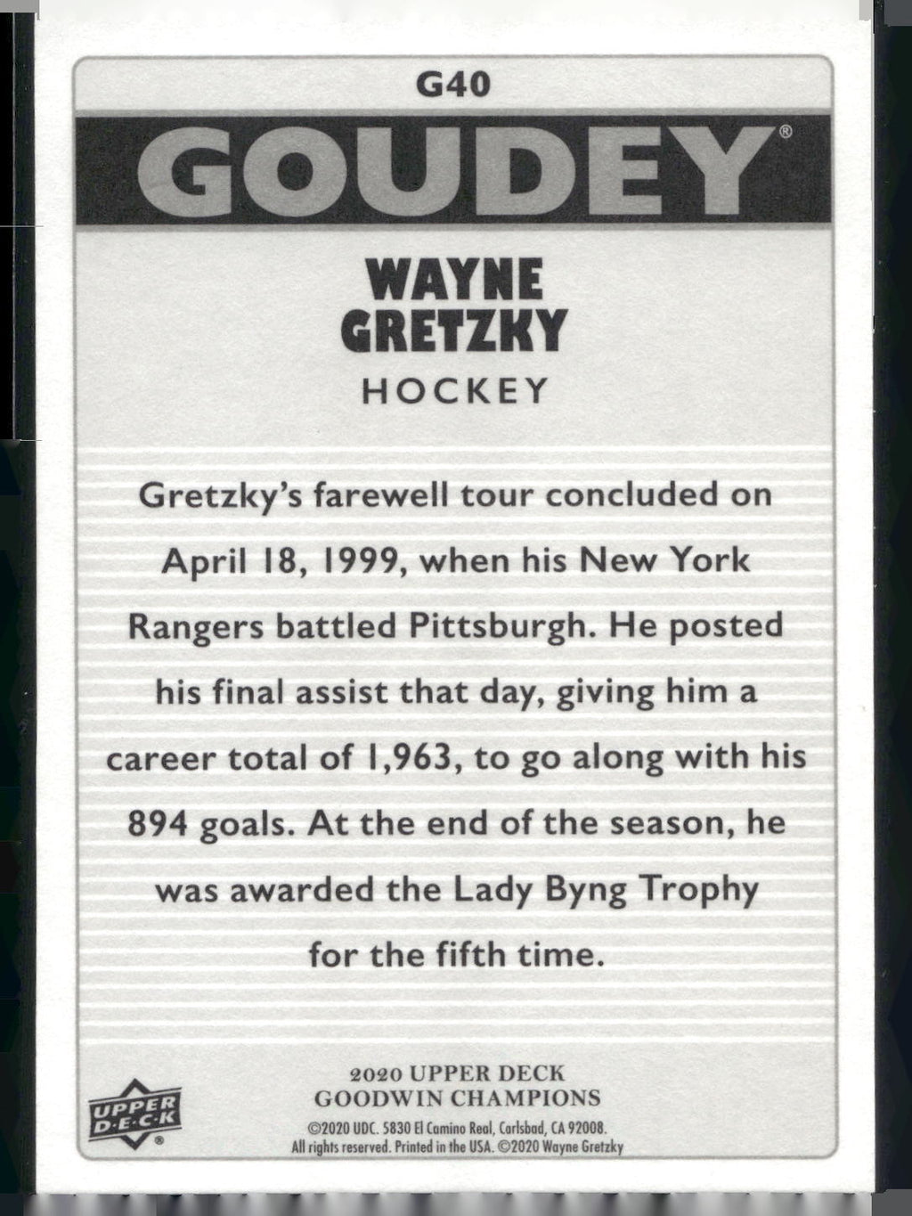 2020 Upper Deck Goodwin Champions #G40 Wayne Gretzky Goudey