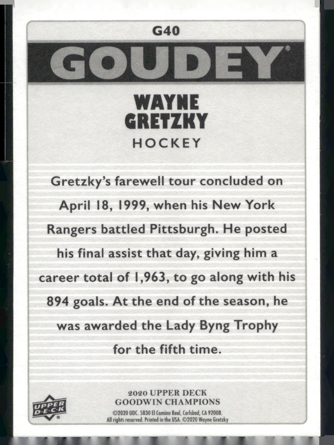 2020 Upper Deck Goodwin Champions #G40 Wayne Gretzky Goudey